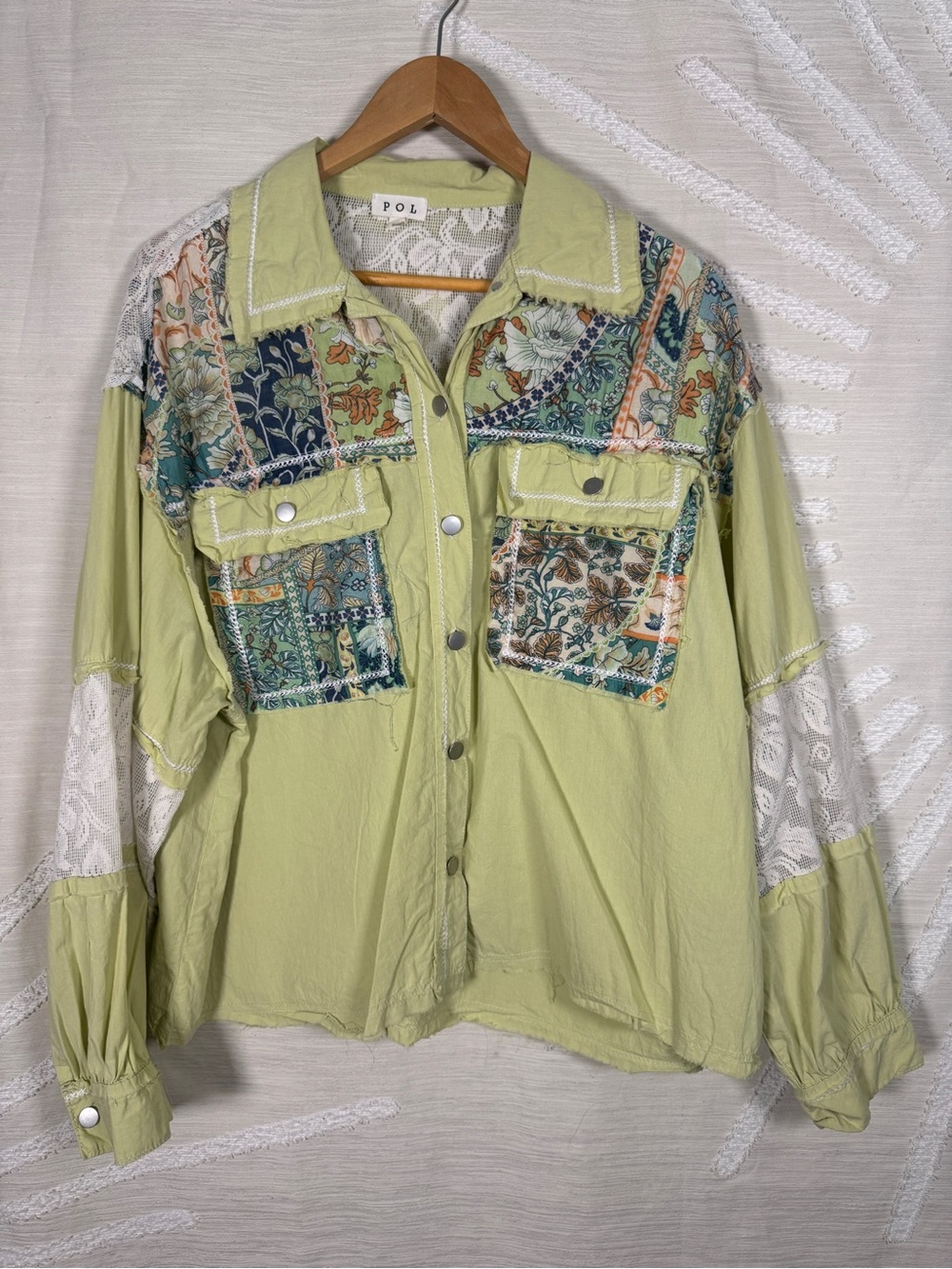 POL Women’s Large Sage Green Floral Patchwork Lace Oversized Shacket - Picture 2 of 7
